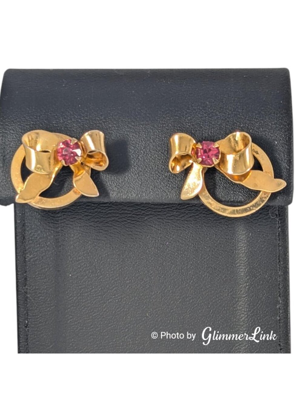 Vintage Gold Tone Bow Earrings Pink Rhinestones Mid Century Studs